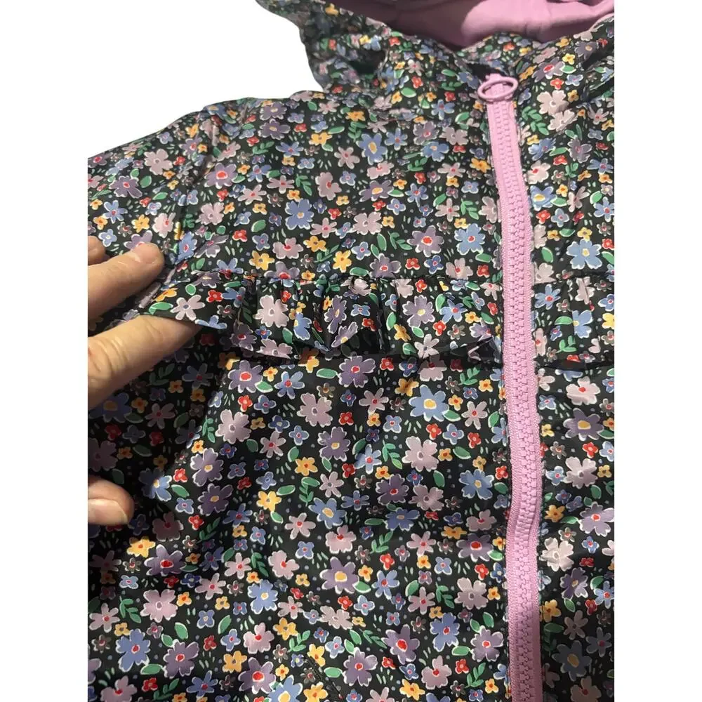 H&M floral front zip navy jacket lined hooded euc lightweight